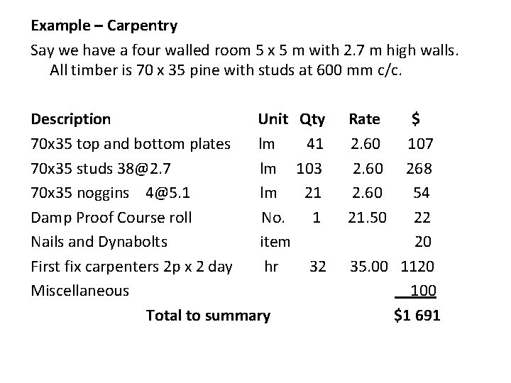 Example – Carpentry Say we have a four walled room 5 x 5 m