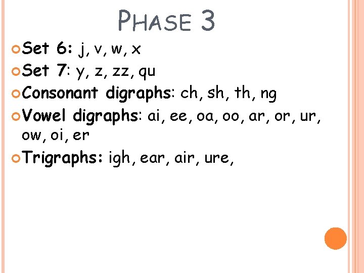  Set PHASE 3 6: j, v, w, x Set 7: y, z, zz,