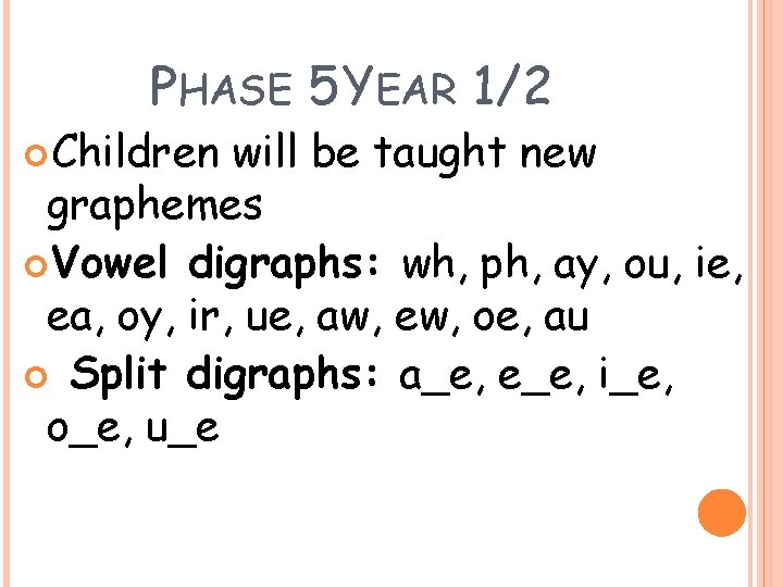 PHASE 5 YEAR 1/2 Children will be taught new graphemes Vowel digraphs: wh, ph,