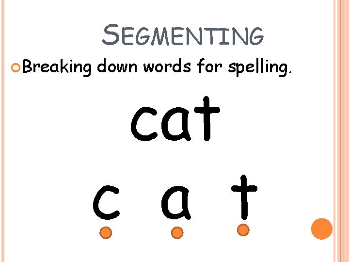 SEGMENTING Breaking down words for spelling. cat c a t 