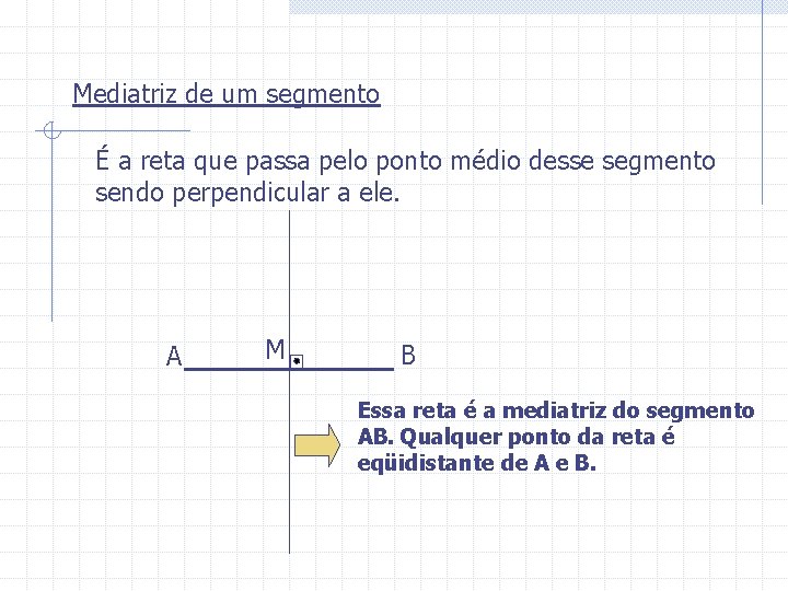 Mediatriz de um segmento É a reta que passa pelo ponto médio desse segmento
