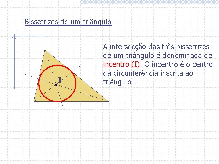 Bissetrizes de um triângulo I A intersecção das três bissetrizes de um triângulo é