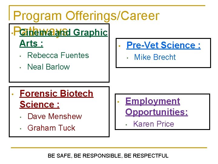 Program Offerings/Career • Pathways Cinema and Graphic Arts : • • Rebecca Fuentes Neal