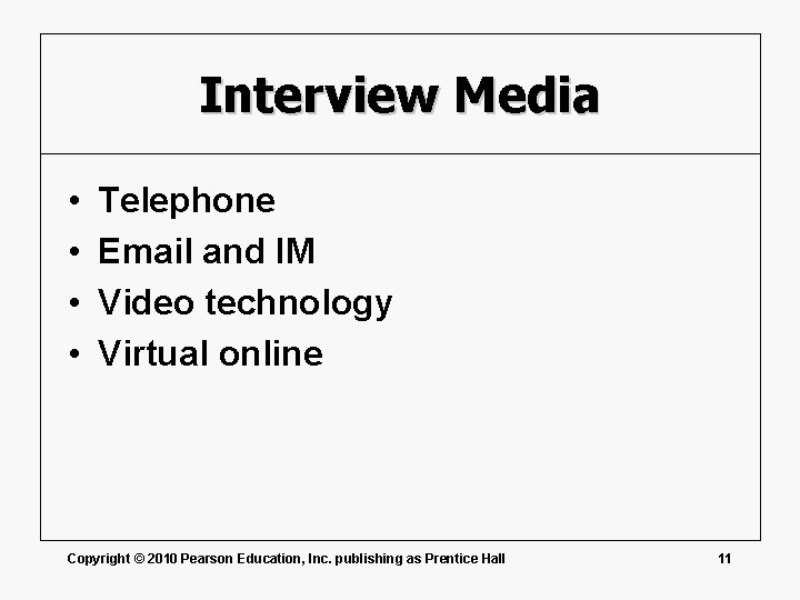 Interview Media • • Telephone Email and IM Video technology Virtual online Copyright ©