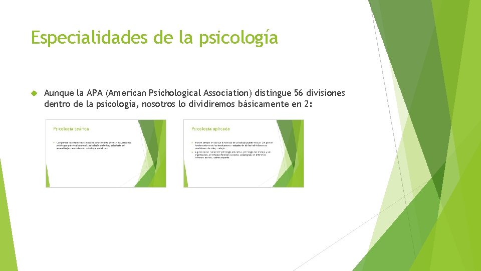 Especialidades de la psicología Aunque la APA (American Psichological Association) distingue 56 divisiones dentro