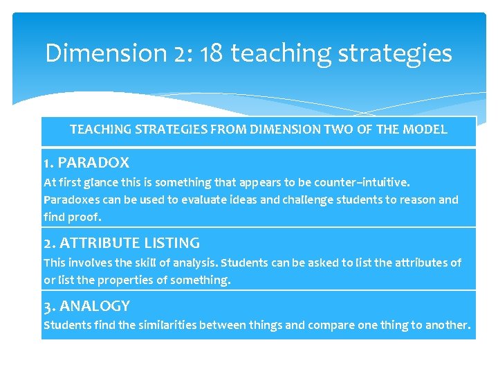 Dimension 2: 18 teaching strategies TEACHING STRATEGIES FROM DIMENSION TWO OF THE MODEL 1.