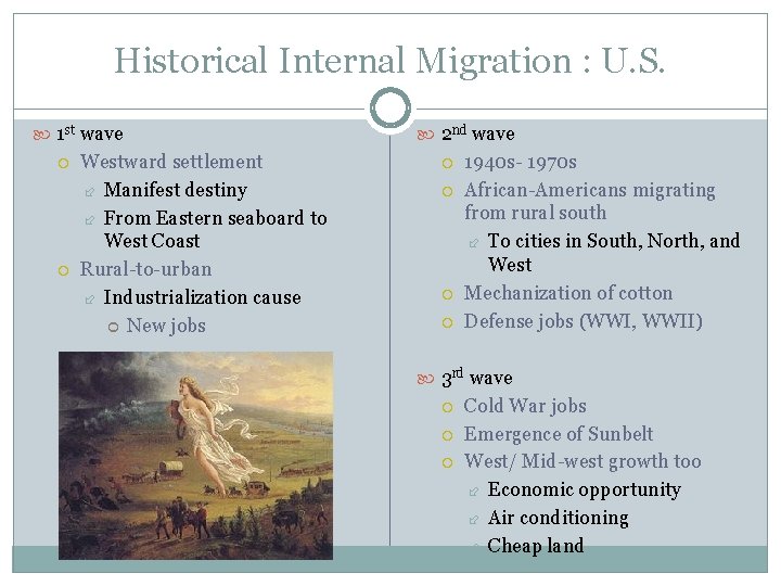 Historical Internal Migration : U. S. 1 st wave Westward settlement Manifest destiny From