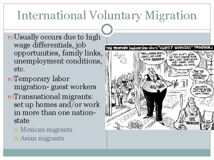 International Voluntary Migration Usually occurs due to high wage differentials, job opportunities, family links,