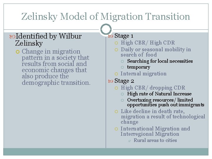 Zelinsky Model of Migration Transition Identified by Wilbur Zelinsky Change in migration pattern in