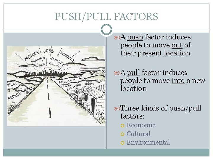 PUSH/PULL FACTORS A push factor induces people to move out of their present location