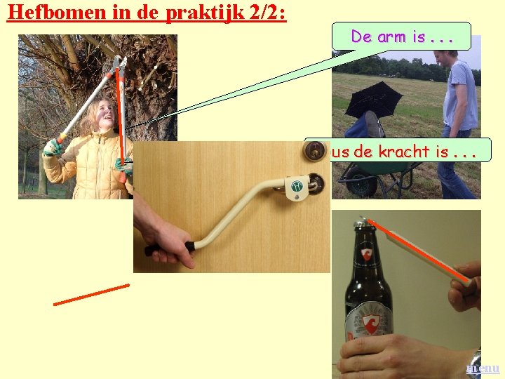 Hefbomen in de praktijk 2/2: De arm is. . . Dus de kracht is. Hefbomen in de praktijk 2/2: De arm is. . . Dus de kracht is.