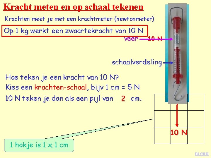 Kracht meten en op schaal tekenen Krachten meet je met een krachtmeter (newtonmeter) Op Kracht meten en op schaal tekenen Krachten meet je met een krachtmeter (newtonmeter) Op