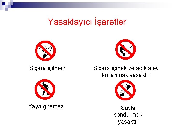 Yasaklayıcı İşaretler Sigara içilmez Yaya giremez Sigara içmek ve açık alev kullanmak yasaktır Suyla