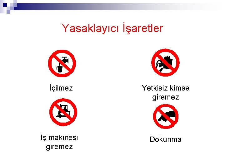 Yasaklayıcı İşaretler İçilmez Yetkisiz kimse giremez İş makinesi giremez Dokunma 