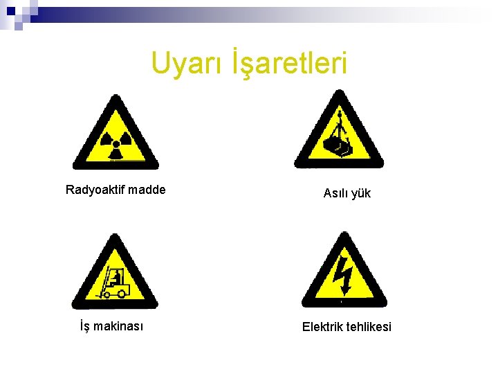 Uyarı İşaretleri Radyoaktif madde İş makinası Asılı yük Elektrik tehlikesi 