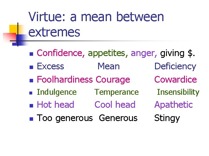 Virtue: a mean between extremes n Confidence, appetites, anger, giving $. Excess Mean Deficiency