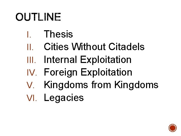 I. III. IV. V. VI. Thesis Cities Without Citadels Internal Exploitation Foreign Exploitation Kingdoms