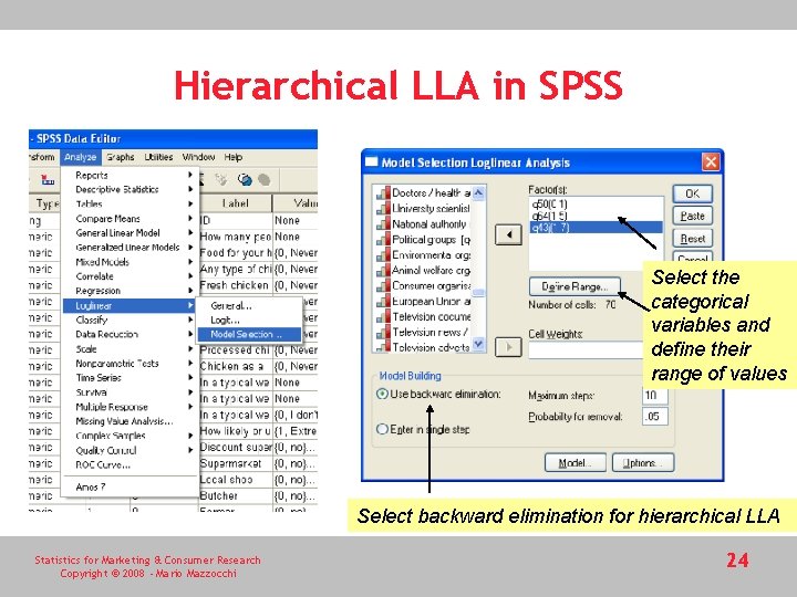 Hierarchical LLA in SPSS Select the categorical variables and define their range of values