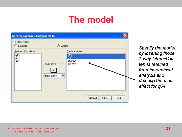 The model Specify the model by inserting those 2 -way interaction terms retained from