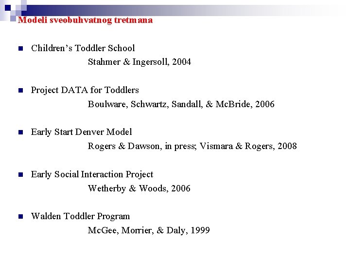 Modeli sveobuhvatnog tretmana n Children’s Toddler School Stahmer & Ingersoll, 2004 n Project DATA