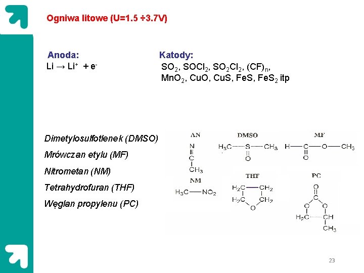 Ogniwa litowe (U=1. 5 ÷ 3. 7 V) Anoda: Li → Li+ + e-