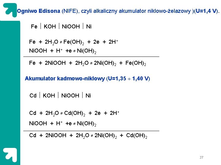 Ogniwo Edisona (NIFE), czyli alkaliczny akumulator niklowo-żelazowy )(U=1, 4 V). Fe KOH Ni. OOH