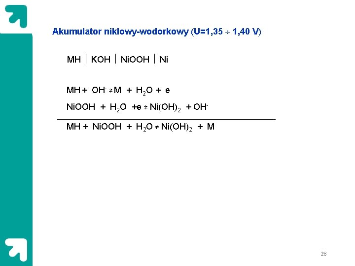 Akumulator niklowy-wodorkowy (U=1, 35 1, 40 V) MH KOH Ni. OOH Ni MH +