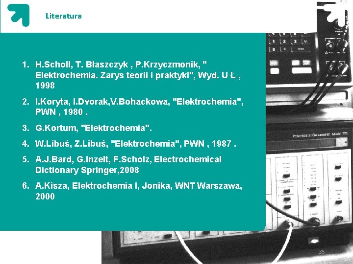 Literatura 1. H. Scholl, T. Błaszczyk , P. Krzyczmonik, " Elektrochemia. Zarys teorii i