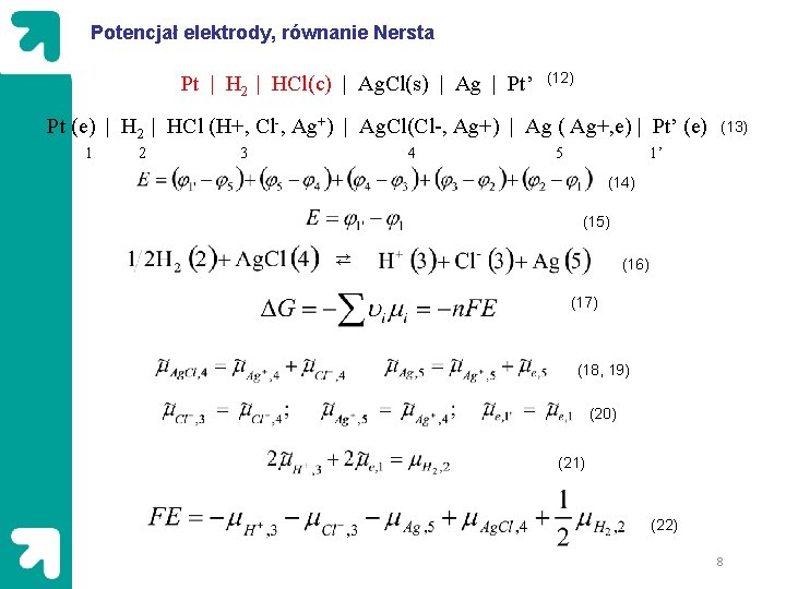 Potencjał elektrody, równanie Nersta Pt | H 2 | HCl(c) | Ag. Cl(s) |