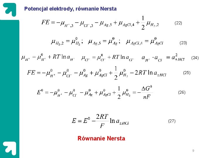 Potencjał elektrody, równanie Nersta (22) (23) (24) (25) (26) (27) Równanie Nersta 9 