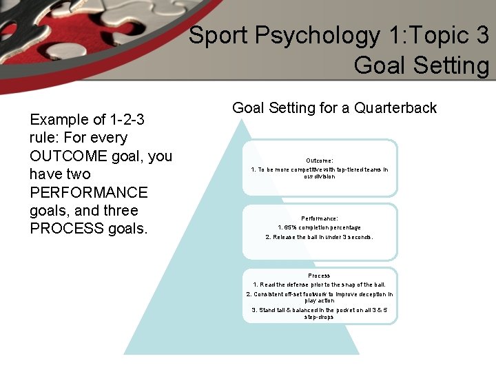 Sport Psychology 1: Topic 3 Goal Setting Example of 1 -2 -3 rule: For