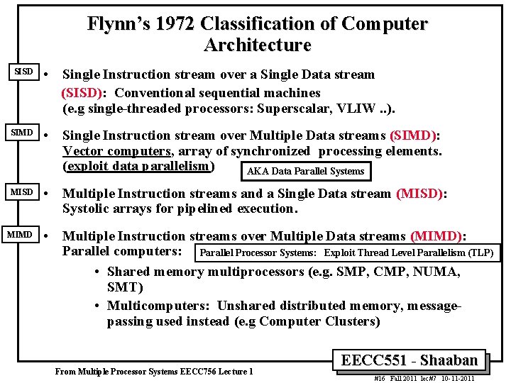 Flynn’s 1972 Classification of Computer Architecture SISD • Single Instruction stream over a Single