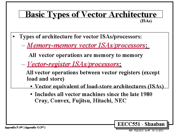 Basic Types of Vector Architecture (ISAs) • Types of architecture for vector ISAs/processors: –