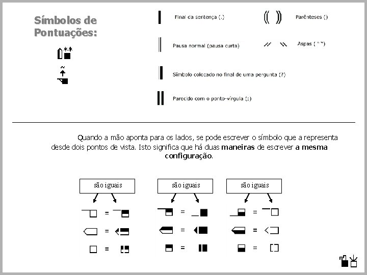 Símbolos de Pontuações: Quando a mão aponta para os lados, se pode escrever o