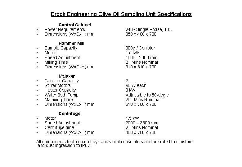 Brook Engineering Olive Oil Sampling Unit Specifications • • Control Cabinet Power Requirements Dimensions