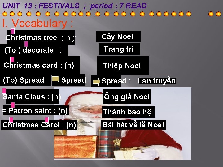 UNIT 13 : FESTIVALS ; period : 7 READ I. Vocabulary : Christmas tree