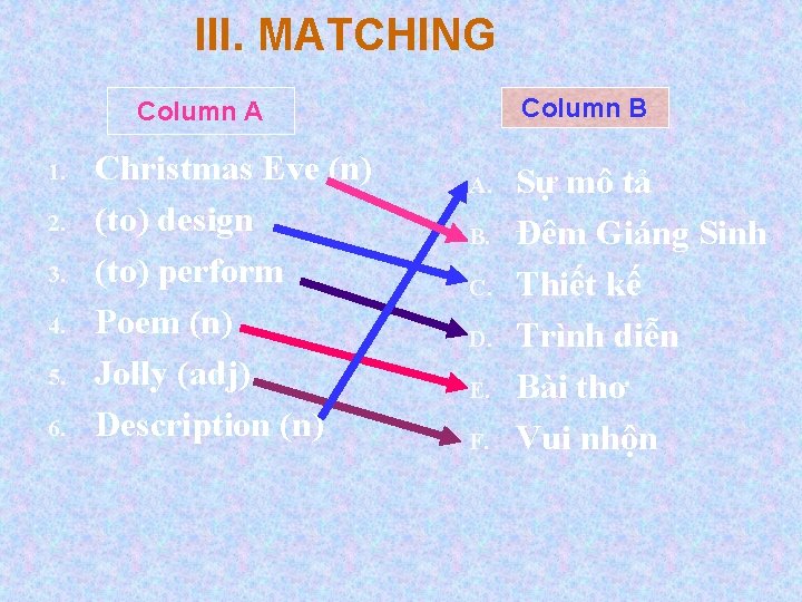 III. MATCHING Column B Column A 1. 2. 3. 4. 5. 6. Christmas Eve