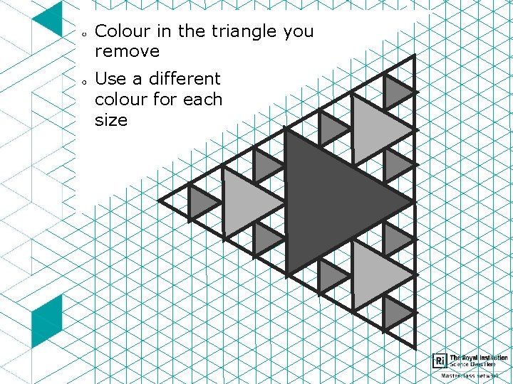 Colour in the triangle you remove Use a different colour for each size 