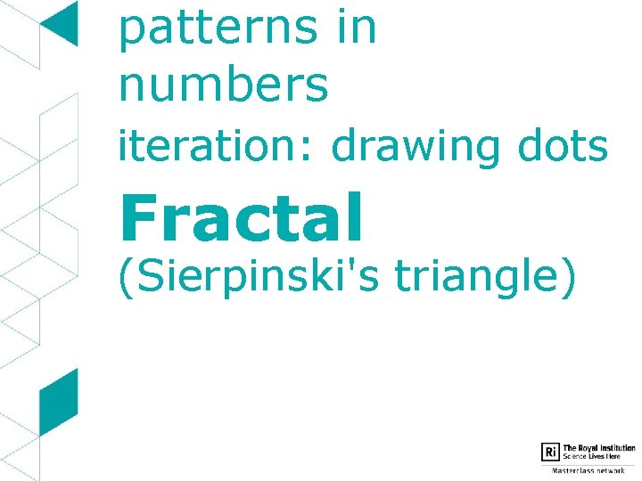 patterns in numbers iteration: drawing dots Fractal (Sierpinski's triangle) 