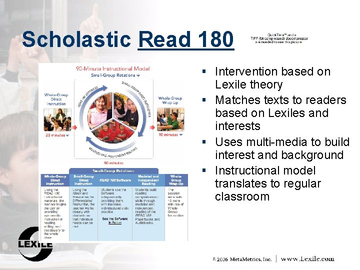 Scholastic Read 180 § Intervention based on Lexile theory § Matches texts to readers