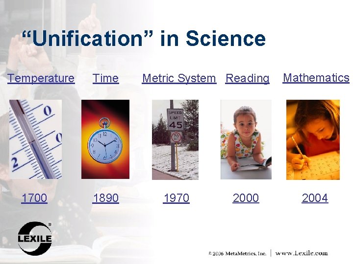 “Unification” in Science Temperature 1700 Time 1890 Metric System Reading 1970 2000 Mathematics 2004