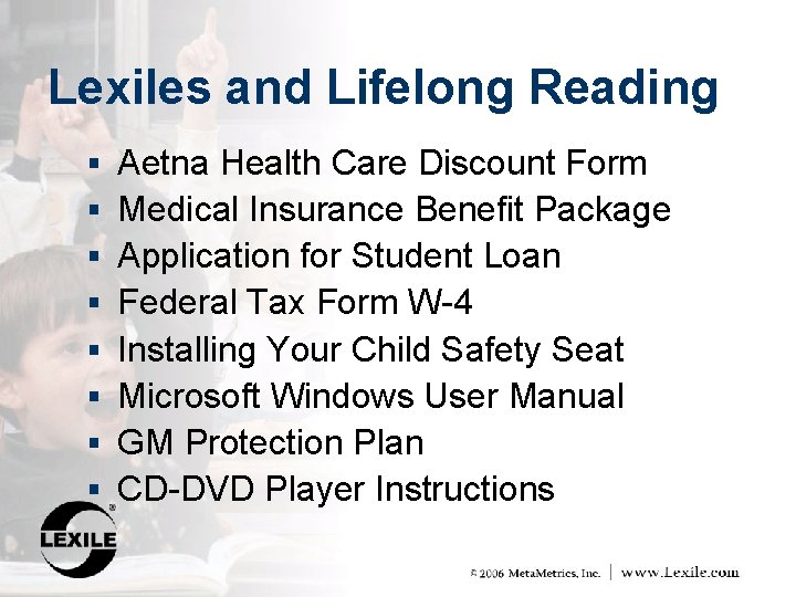 Lexiles and Lifelong Reading § § § § Aetna Health Care Discount Form Medical