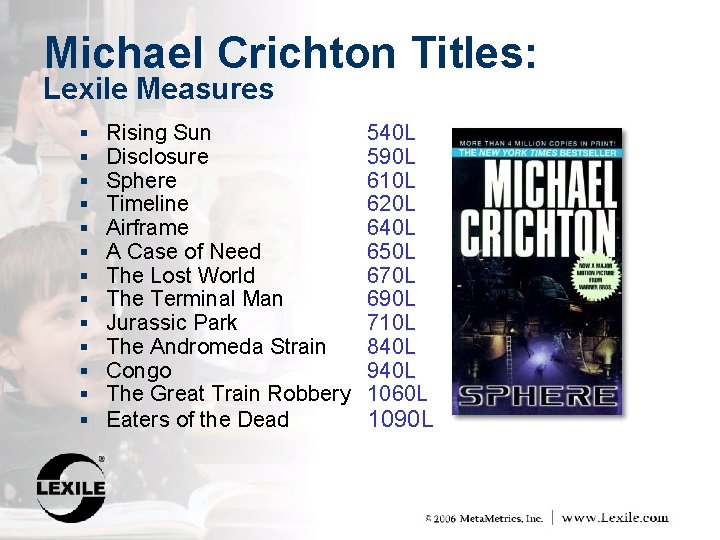 Michael Crichton Titles: Lexile Measures § § § § Rising Sun Disclosure Sphere Timeline