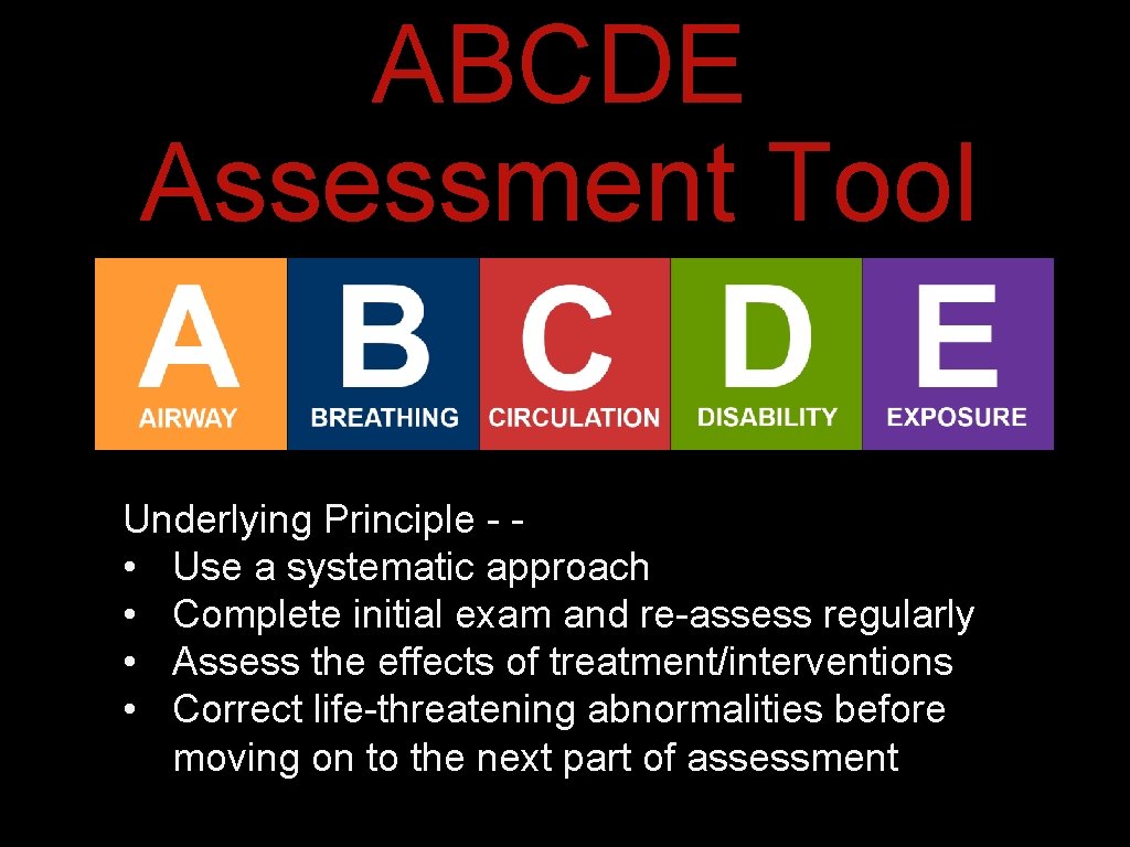 ABCDE Assessment Tool Underlying Principle - - • Use a systematic approach • Complete ABCDE Assessment Tool Underlying Principle - - • Use a systematic approach • Complete