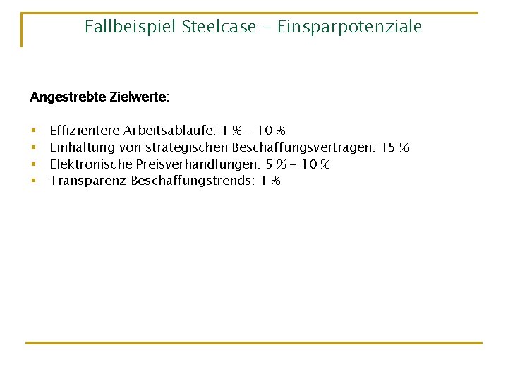 Fallbeispiel Steelcase - Einsparpotenziale Angestrebte Zielwerte: § § Effizientere Arbeitsabläufe: 1 % - 10