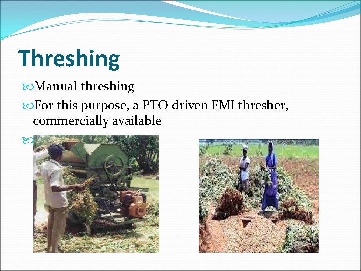 Threshing Manual threshing For this purpose, a PTO driven FMI thresher, commercially available 