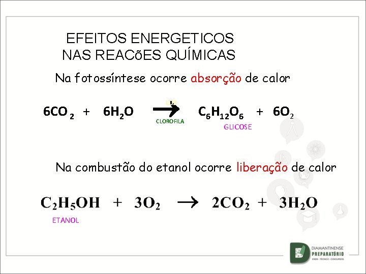 EFEITOS ENERGETICOS NAS REACõES QUÍMICAS Na fotossíntese ocorre absorção de calor 6 CO 2