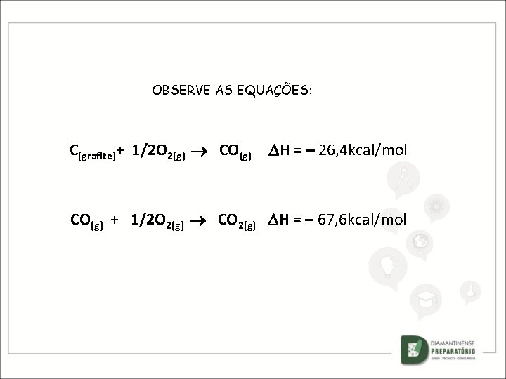 OBSERVE AS EQUAÇÕES: C(grafite)+ 1/2 O 2(g) CO(g) H = – 26, 4 kcal/mol