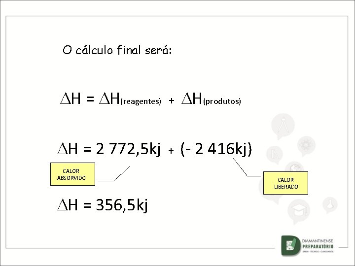 O cálculo final será: H = H(reagentes) + H(produtos) H = 2 772, 5