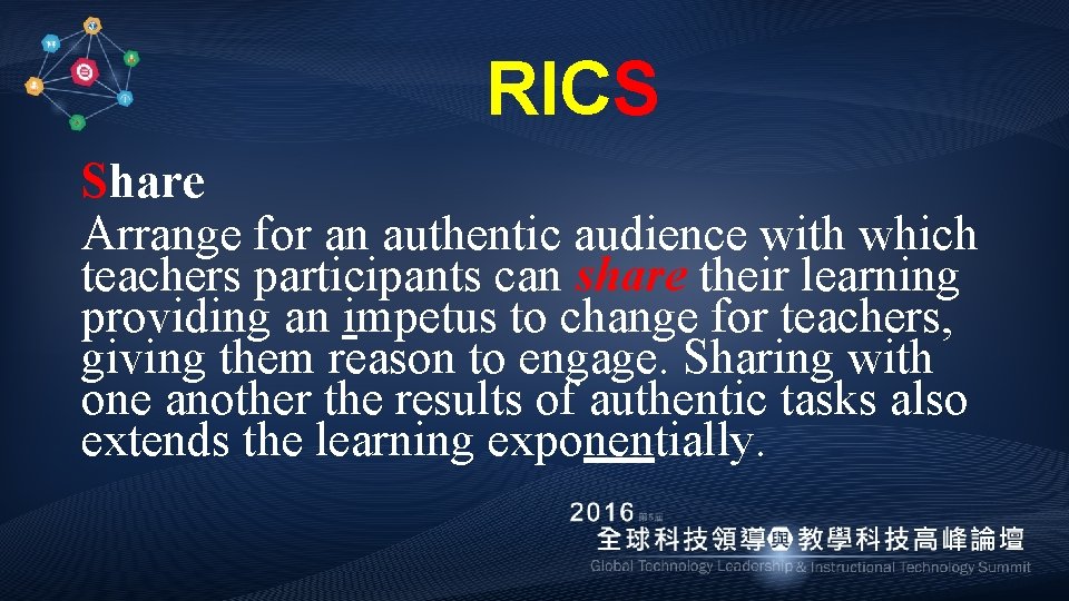 RICS Share Arrange for an authentic audience with which teachers participants can share their